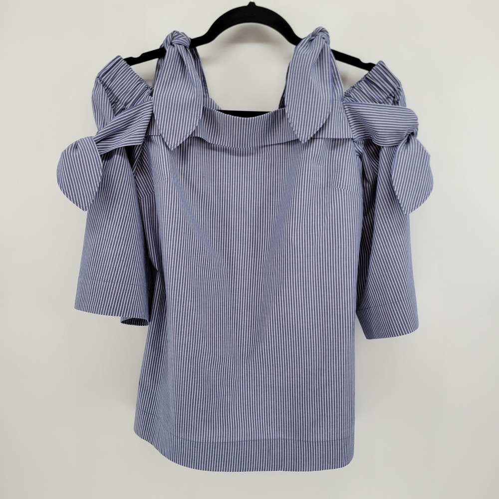 NEW Banana Republic Blue White Pinstripe Off Shoulder Tie Blouse Small Coquette